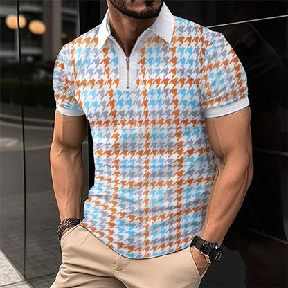 Männer-Poloshirt, Hahnentrittmuster, blau-orange, Kurzarm, Reißverschluss, Freizeitmode.
