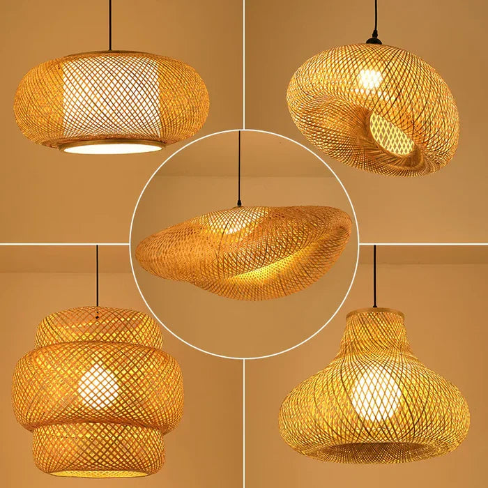 Fünf hängende Rattanlampen, modern, handgefertigt, warmes Licht, Wohnzimmerbeleuchtung.