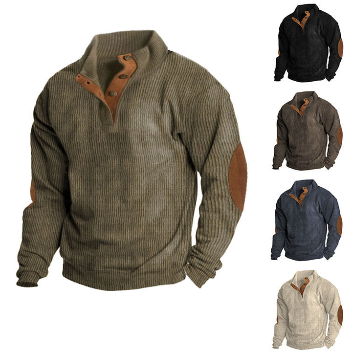 Herren Strickpullover mit Knopfleiste, Ellbogen-Patches, verschiedene Farben, Wintermode.