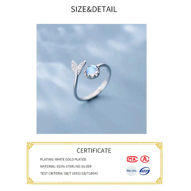 Silberring mit Mondstein, Blattdesign, 925 Sterling Silber, weißgoldplattiert, Damenring.