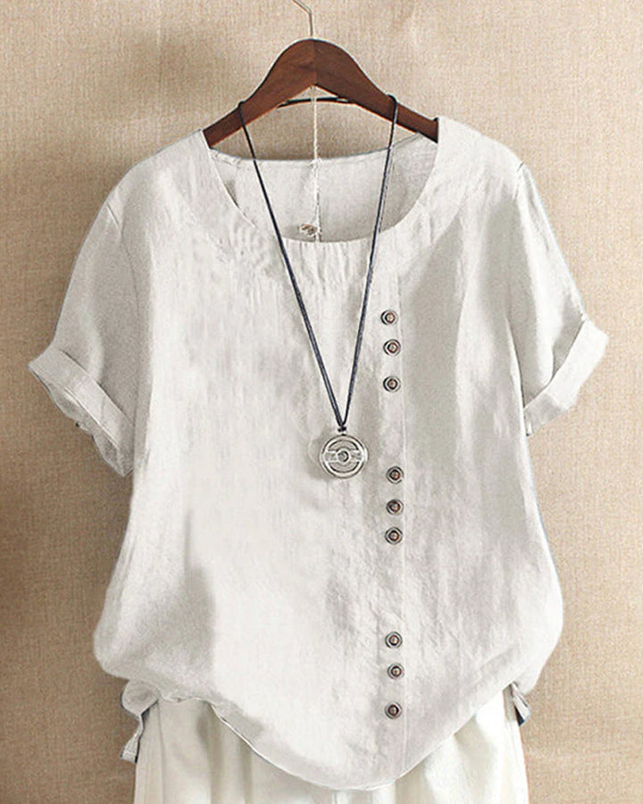 Weiße Leinenbluse mit asymmetrischer Knopfleiste und Rundhalsausschnitt, Damenmode.