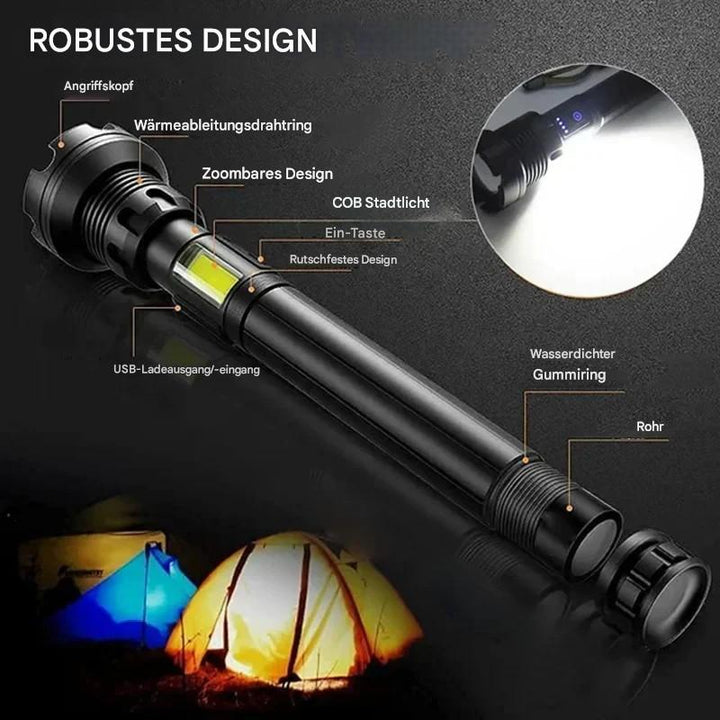Schwarze LED-Taschenlampe, wasserdicht, USB-aufladbar, mit Zoom und COB-Licht, robustes Design.