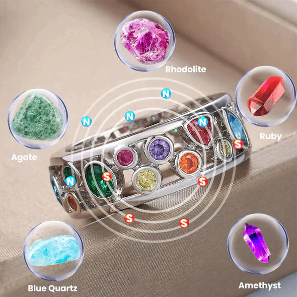 Silberring mit bunten Edelsteinen: Rhodolith, Rubin, Amethyst, Blauquarz, Achat.