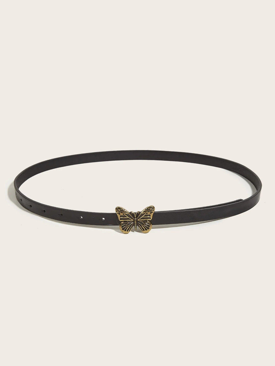 Schwarzer Ledergürtel mit goldener Schmetterlingsschnalle, modisches Accessoire für Damen.