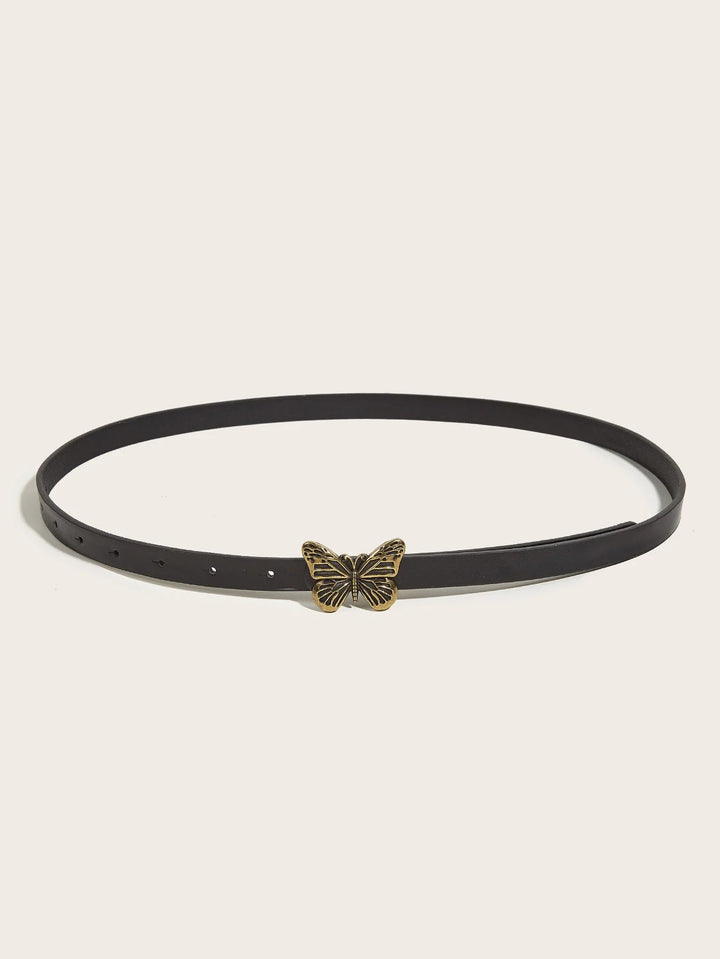 Schwarzer Ledergürtel mit goldener Schmetterlingsschnalle, modisches Accessoire für Damen.
