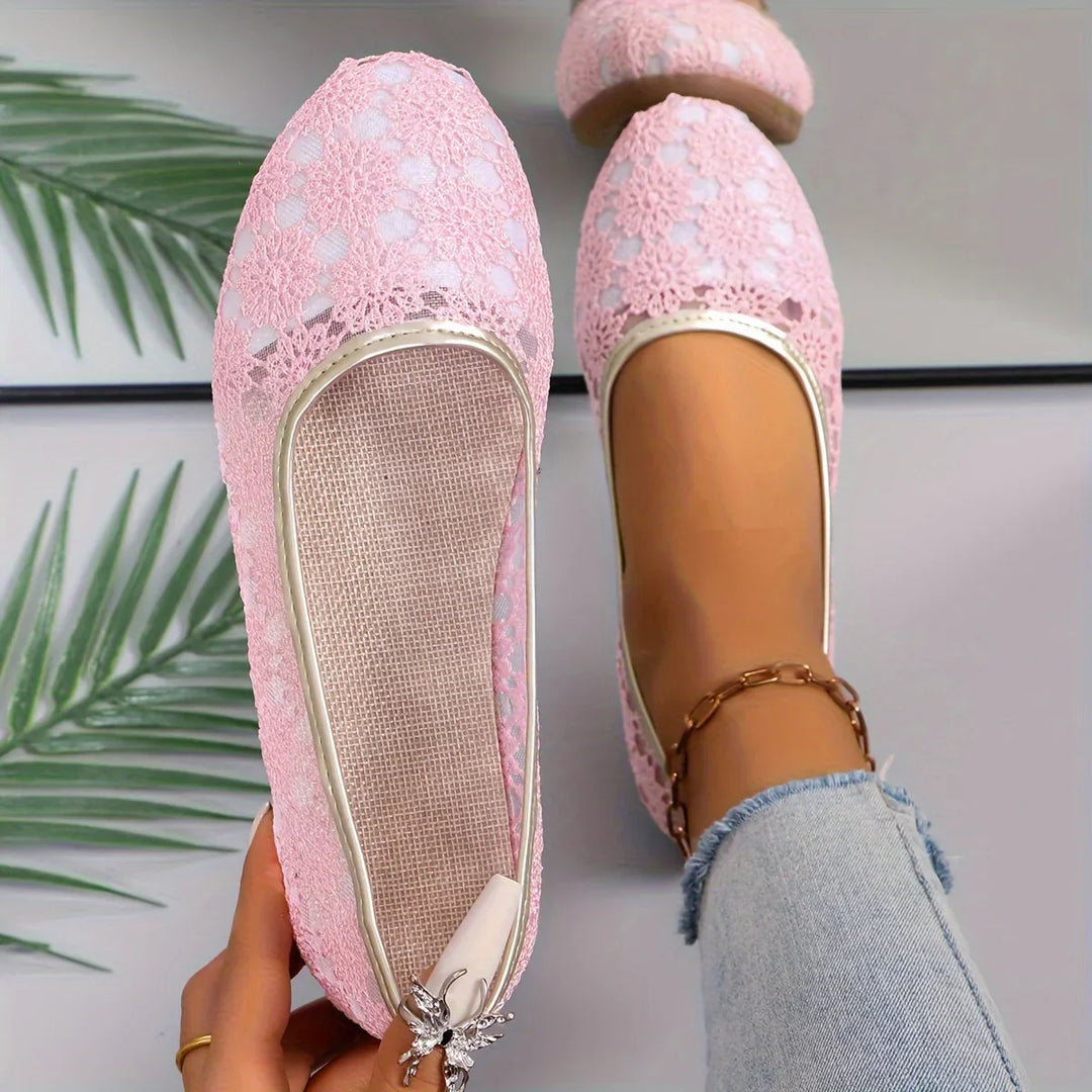 Rosa Spitzen-Ballerinas für Damen, flach, elegant, bequem, mit Blumenmuster, Freizeitmode.
