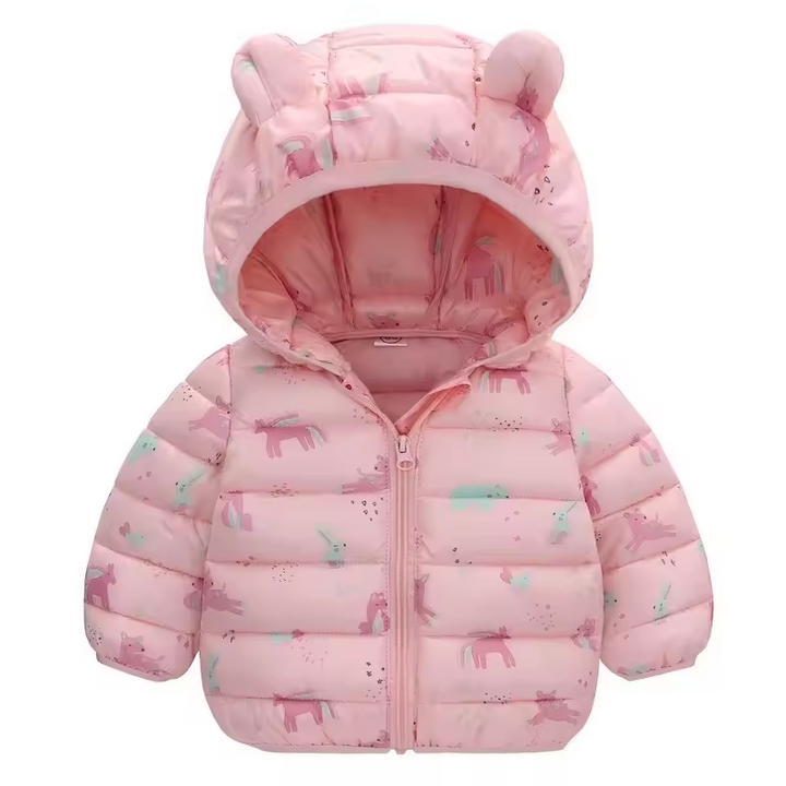 Dětská nepromokavá bunda ve stylu péřové bundy s kresleným designem – Miro