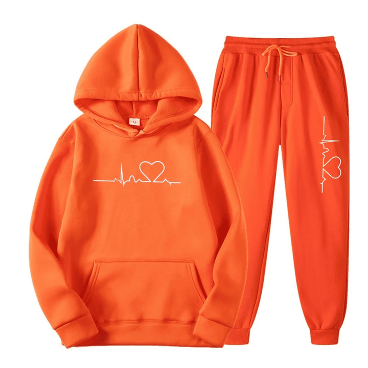 Orange Hoodie und Jogginghose Set mit Herz-EKG-Design, Unisex, Baumwolle, Freizeitkleidung