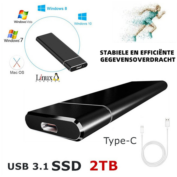 Schwarze USB 3.1 SSD 2TB, Type-C, kompatibel mit Windows, Mac OS, Linux.