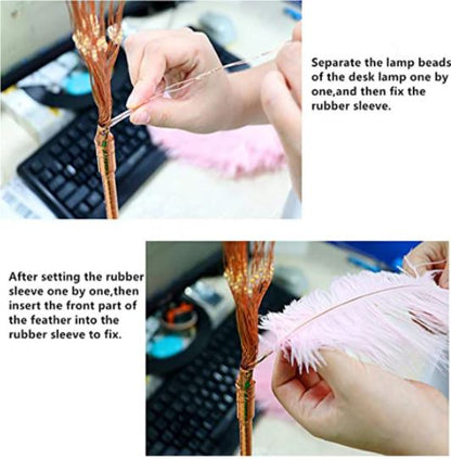 Hände montieren rosa Federlampe, Nahaufnahme, DIY-Anleitung, Schreibtischdekoration.