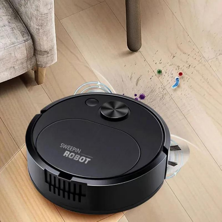 Schwarzer Saugroboter auf Holzboden reinigt Schmutz und Staub, automatischer Reinigungsroboter.