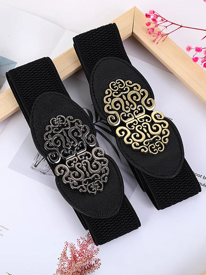 Schwarzer elastischer Gürtel mit silberner und goldener Schnalle, Damenmode Accessoire.