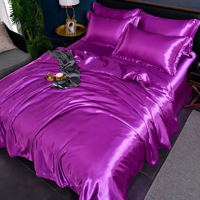 Lila Satin-Bettwäsche-Set, luxuriös, glänzend, 4-teilig, Schlafzimmer-Dekor, Doppelbett.