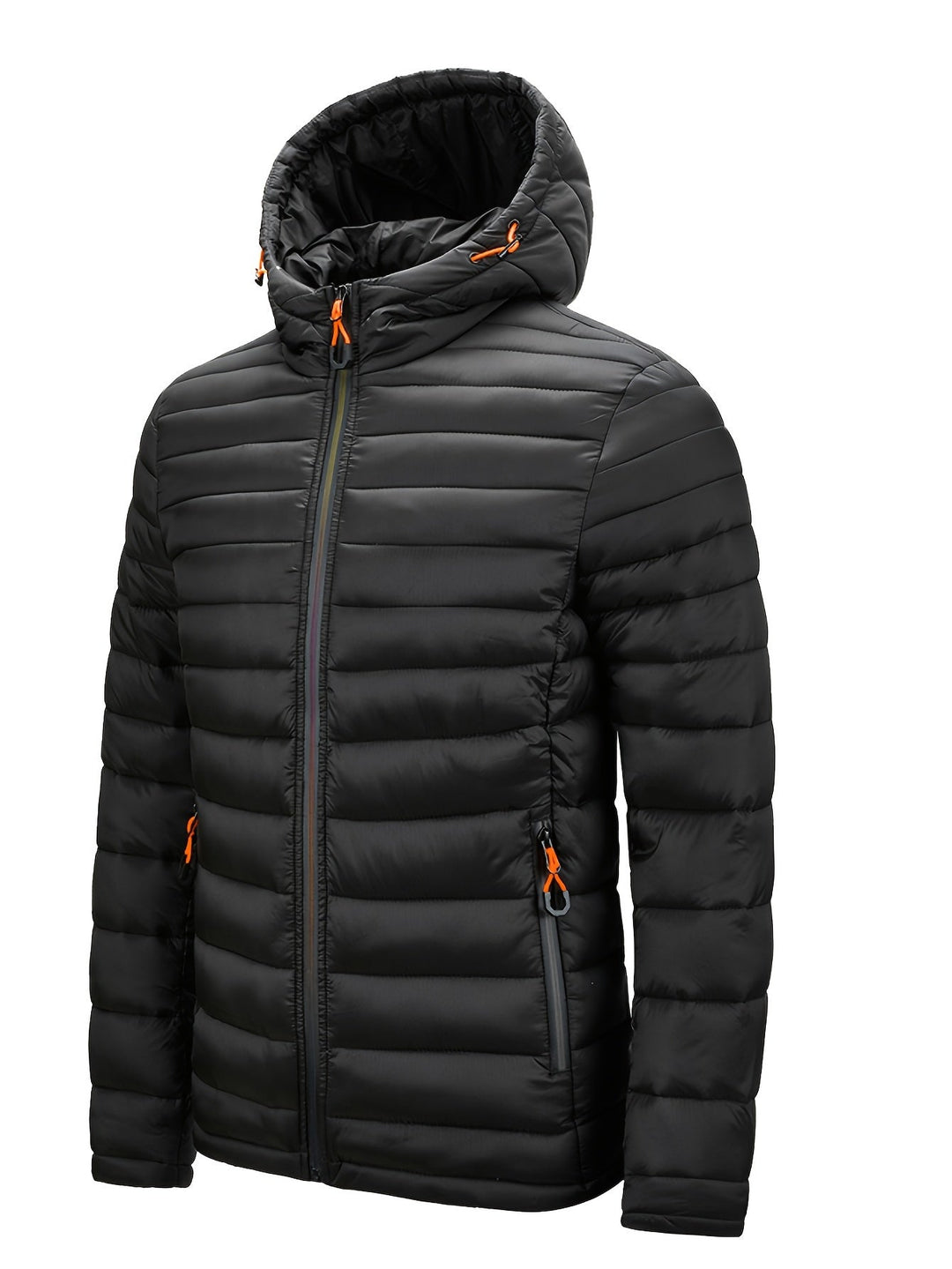 Schwarze Daunenjacke mit Kapuze, Reißverschluss, orange Details, warm, wintertauglich.