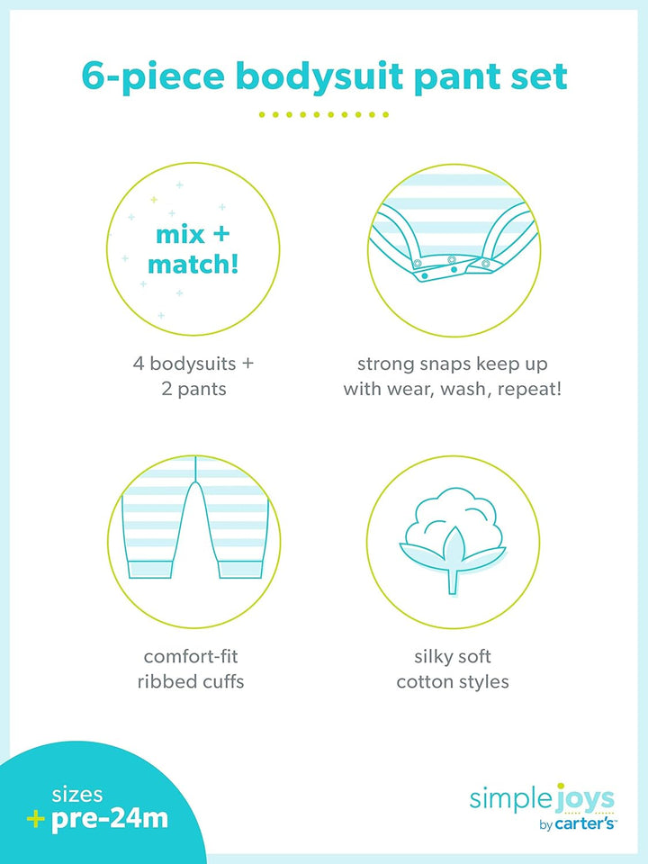 6-teiliges Baby-Body-Set, weiche Baumwolle, starke Druckknöpfe, gerippte Bündchen, Größen 0-24M.