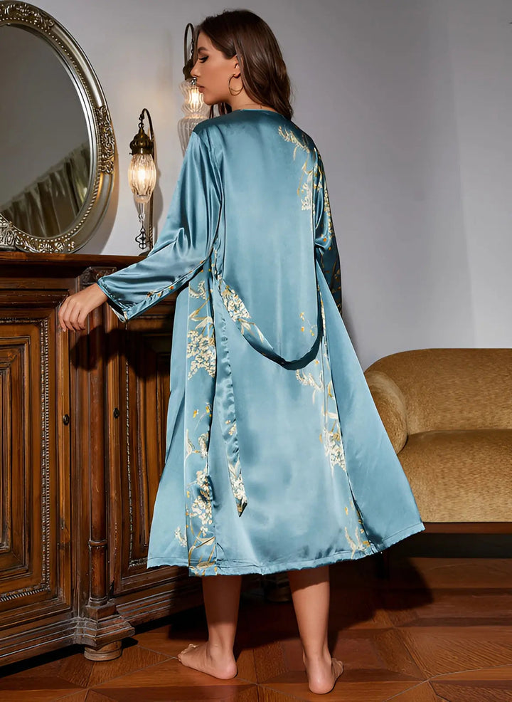 Dvoudílný saténový šaty-kimono set pro ženy – Livia Höstromantik Edition