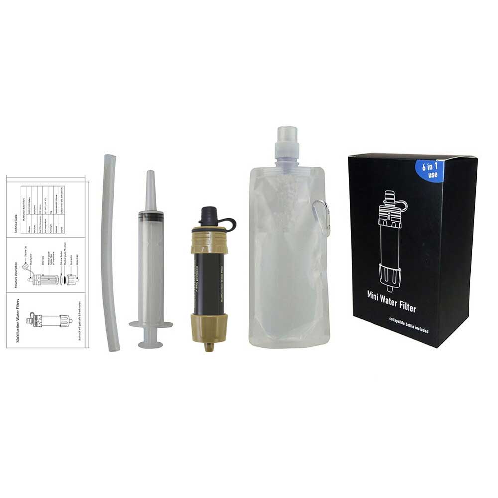 Mini-Wasserfilter-Set, 6-in-1, tragbar, schwarz-gold, mit Spritze und Beutel, Outdoor-Ausrüstung