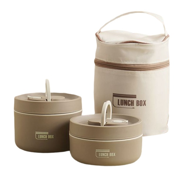 Thermische Lunchbox Set, beige, mit Aufbewahrungstasche, Bento Box, isoliert, für Schule.