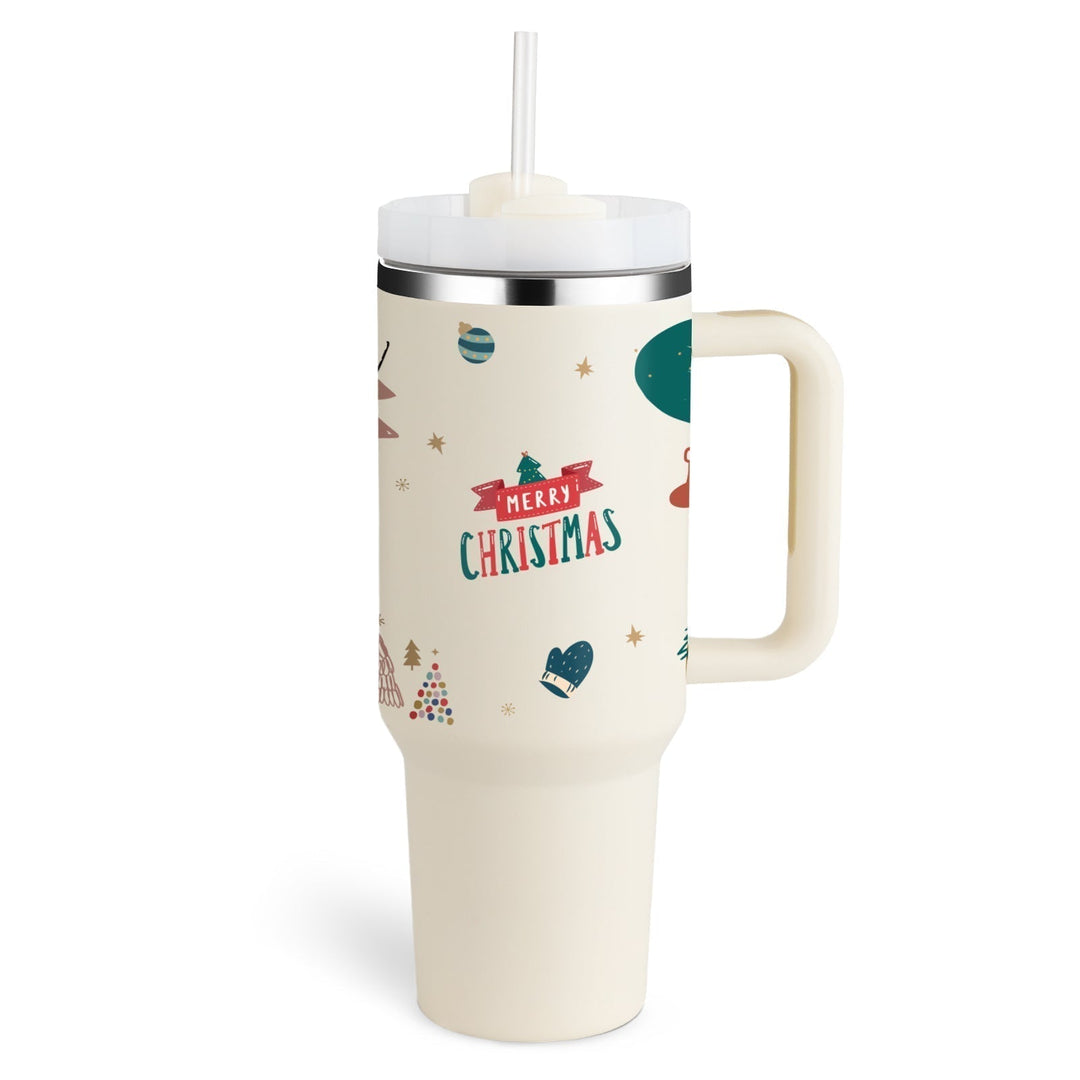 Weihnachtlicher Thermobecher mit Strohhalm, cremefarben, festliches Design, 1 Liter Fassungsvermögen.