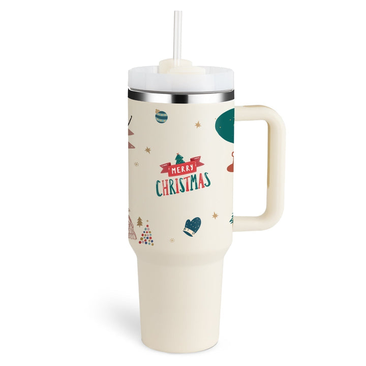 Weihnachtlicher Thermobecher mit Strohhalm, cremefarben, festliches Design, 1 Liter Fassungsvermögen.