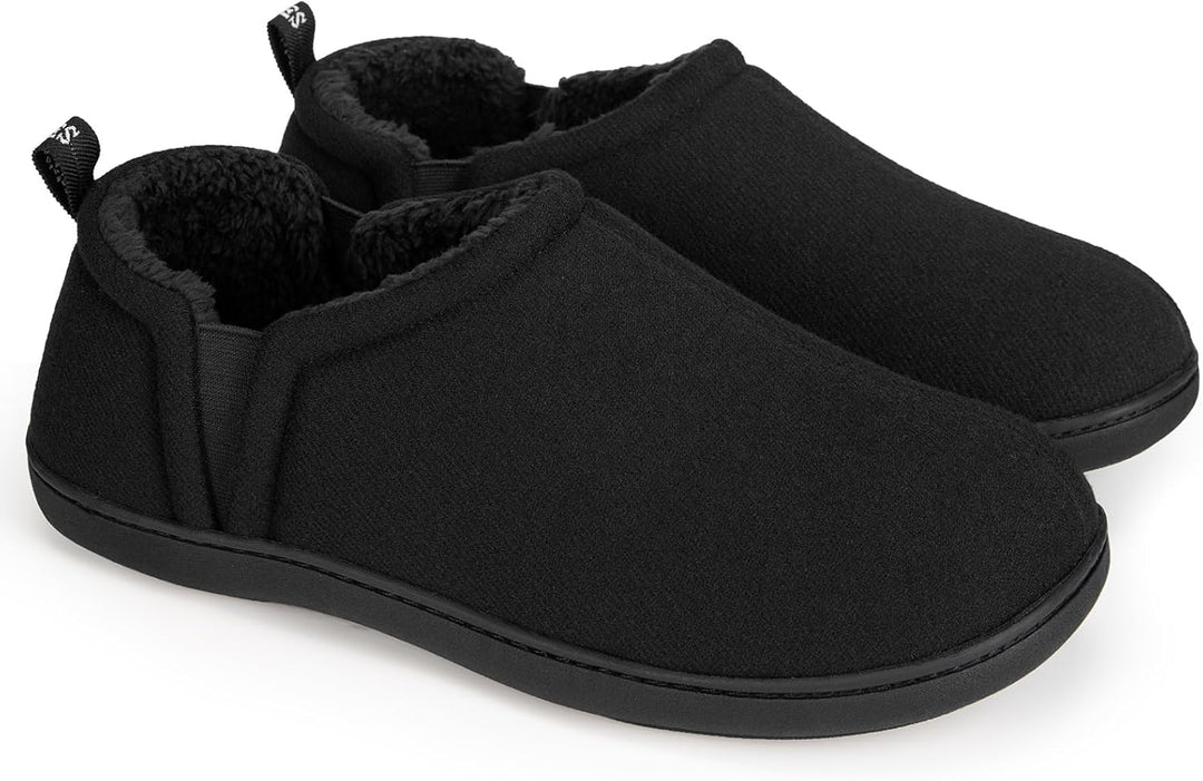Schwarze Herren-Hausschuhe, warmes Fleece-Futter, rutschfeste Sohle, bequem, Wintermode.