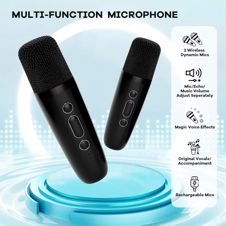 Přenosný mini karaoke přístroj s Bluetooth reproduktorem a 2 bezdrátovými mikrofony – Veylo