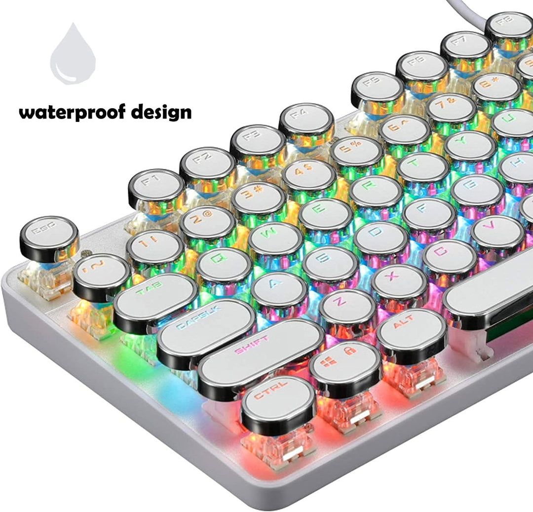 Mechanická herní klávesnice s 87 klávesami, RGB podsvícením a modrými spínači.