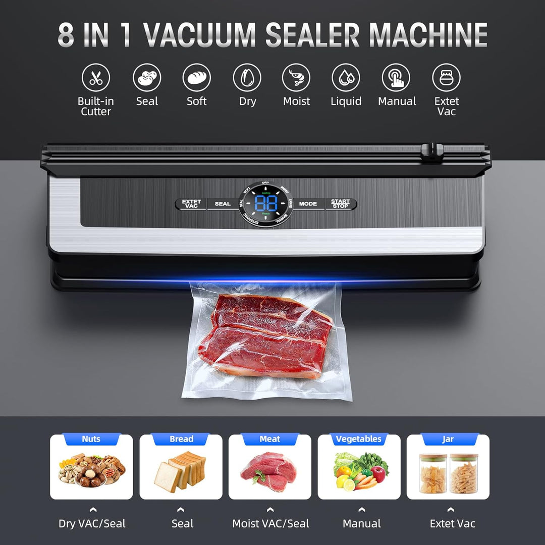 Vakuumiergerät 8-in-1, Edelstahl, LCD-Display, Lebensmittelversiegelung, inkl. Cutter.