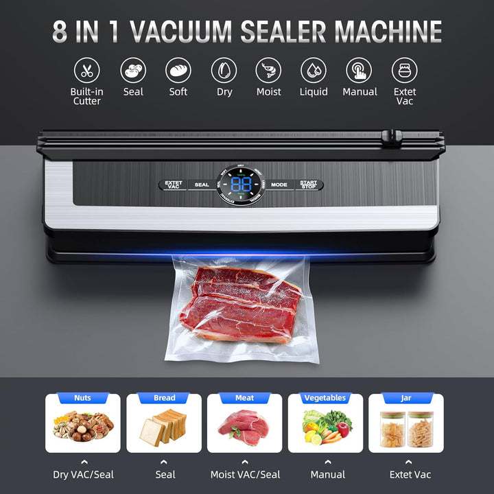 Vakuumiergerät 8-in-1, Edelstahl, LCD-Display, Lebensmittelversiegelung, inkl. Cutter.