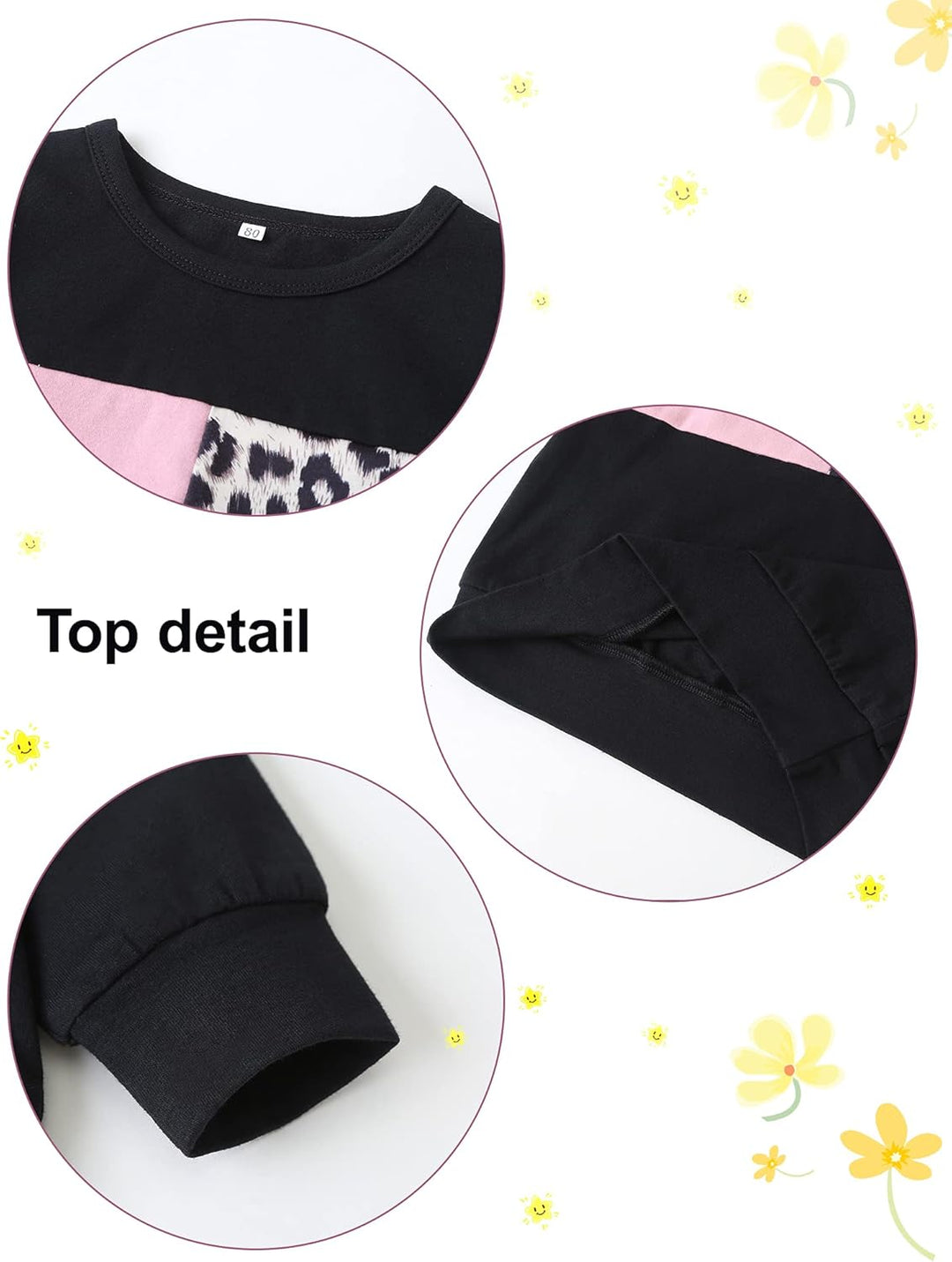 Schwarzes Damen-Sweatshirt mit Leopardenmuster und rosa Akzenten, Baumwolle, Detailansicht.