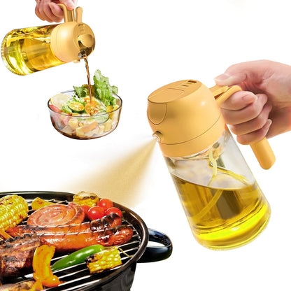 Gelber Ölsprüher aus Glas, ideal für Salate und Grillen, ergonomischer Griff, 500ml.