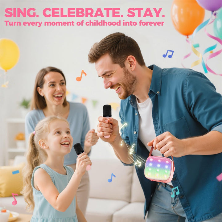 Přenosný mini karaoke přístroj s Bluetooth reproduktorem a 2 bezdrátovými mikrofony – Veylo