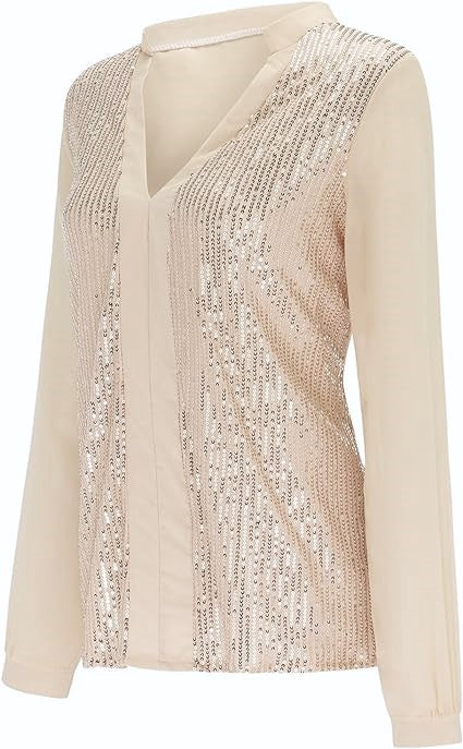 Beige Damenbluse mit Pailletten, Langarm, V-Ausschnitt, elegant, festlich, Polyester.