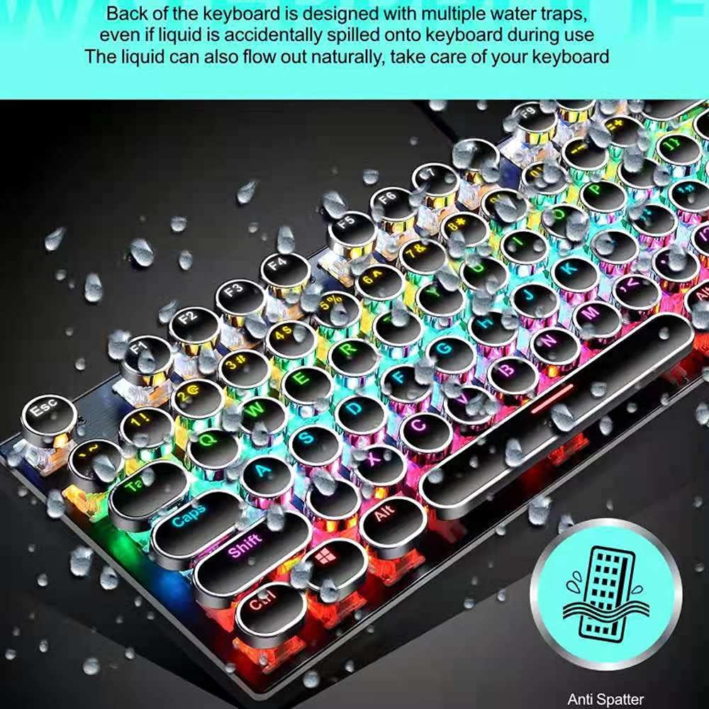 Mechanická herní klávesnice s 87 klávesami, RGB podsvícením a modrými spínači.