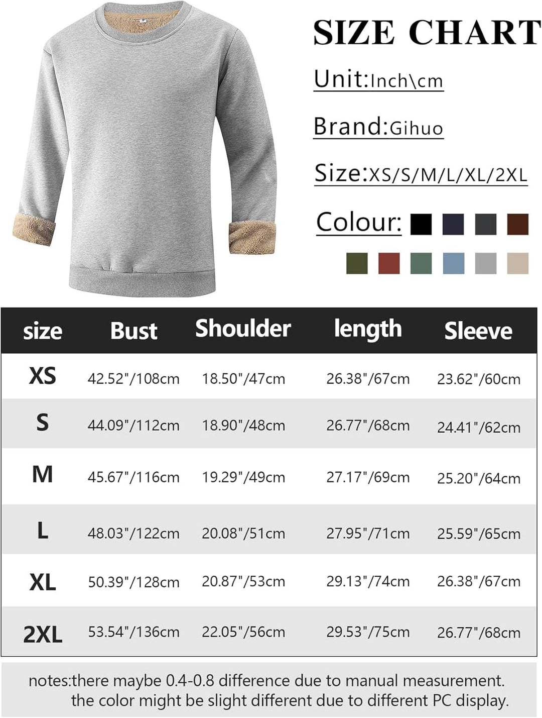 Grauer Gihuo Pullover für Herren, Baumwolle, Größen XS-2XL, Größentabelle, modisch, bequem.