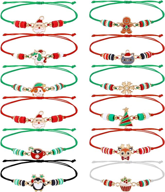 Weihnachtsarmbänder Set, 12 Stück, rot-grün, verstellbar, mit Weihnachtsmotiven, für Kinder.