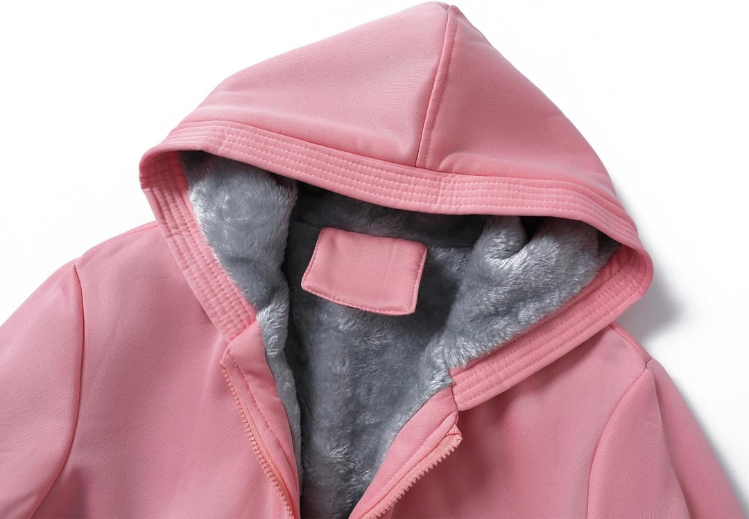 Rosa Kapuzenjacke mit grauem Fleecefutter, Damenmode, Winterjacke, warm und stilvoll.