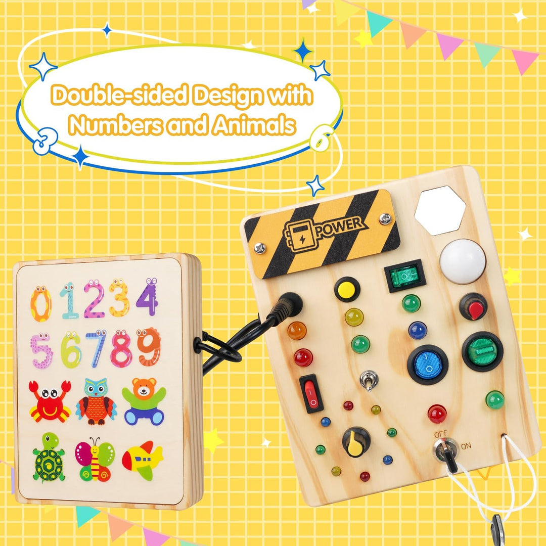 Holzspielzeug Busyboard für Kinder, doppelseitig, Zahlen und Tiere, Lernspielzeug.