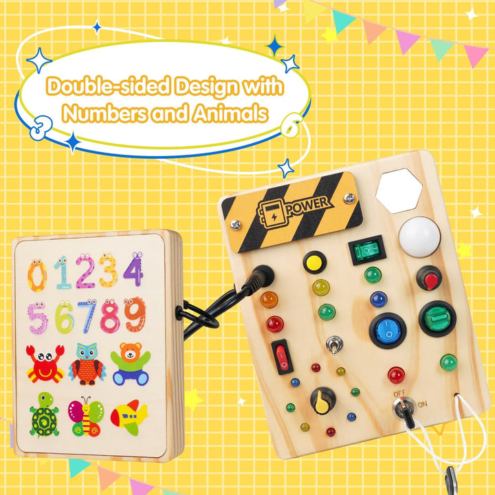 Holzspielzeug Busyboard, doppelseitig, Zahlen und Tiere, Lernspielzeug für Kinder.