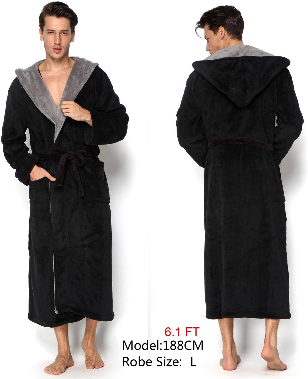 Schwarzer Herren-Bademantel mit Kapuze, Fleece, Größe L, gemütlich und warm.