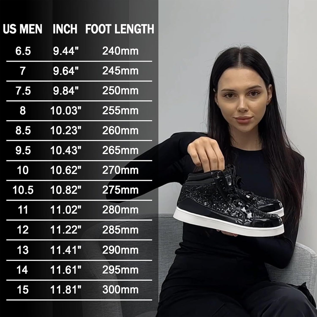 Frau hält schwarze Glitzersneaker, Größentabelle für US-Herrenschuhe, modisch, bequem.