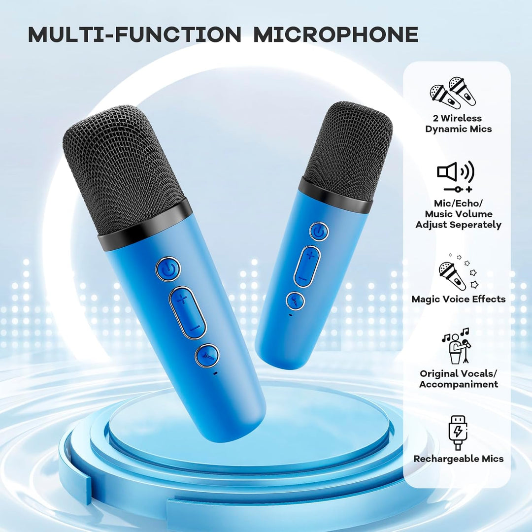 Přenosný mini karaoke přístroj s Bluetooth reproduktorem a 2 bezdrátovými mikrofony – Veylo