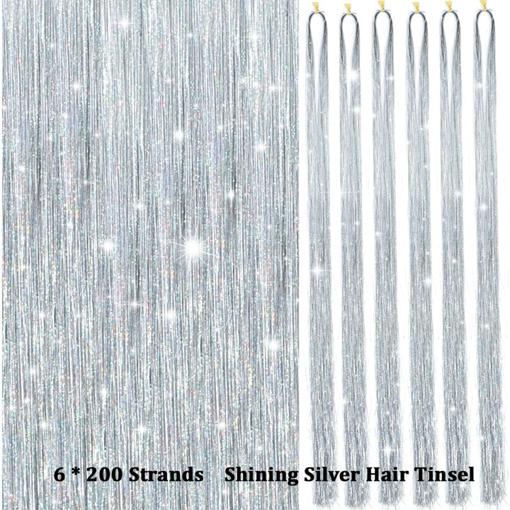 Silbernes Haartinsel Set, 6x200 Strähnen, glänzend, Party-Dekoration, DIY Haaraccessoire.