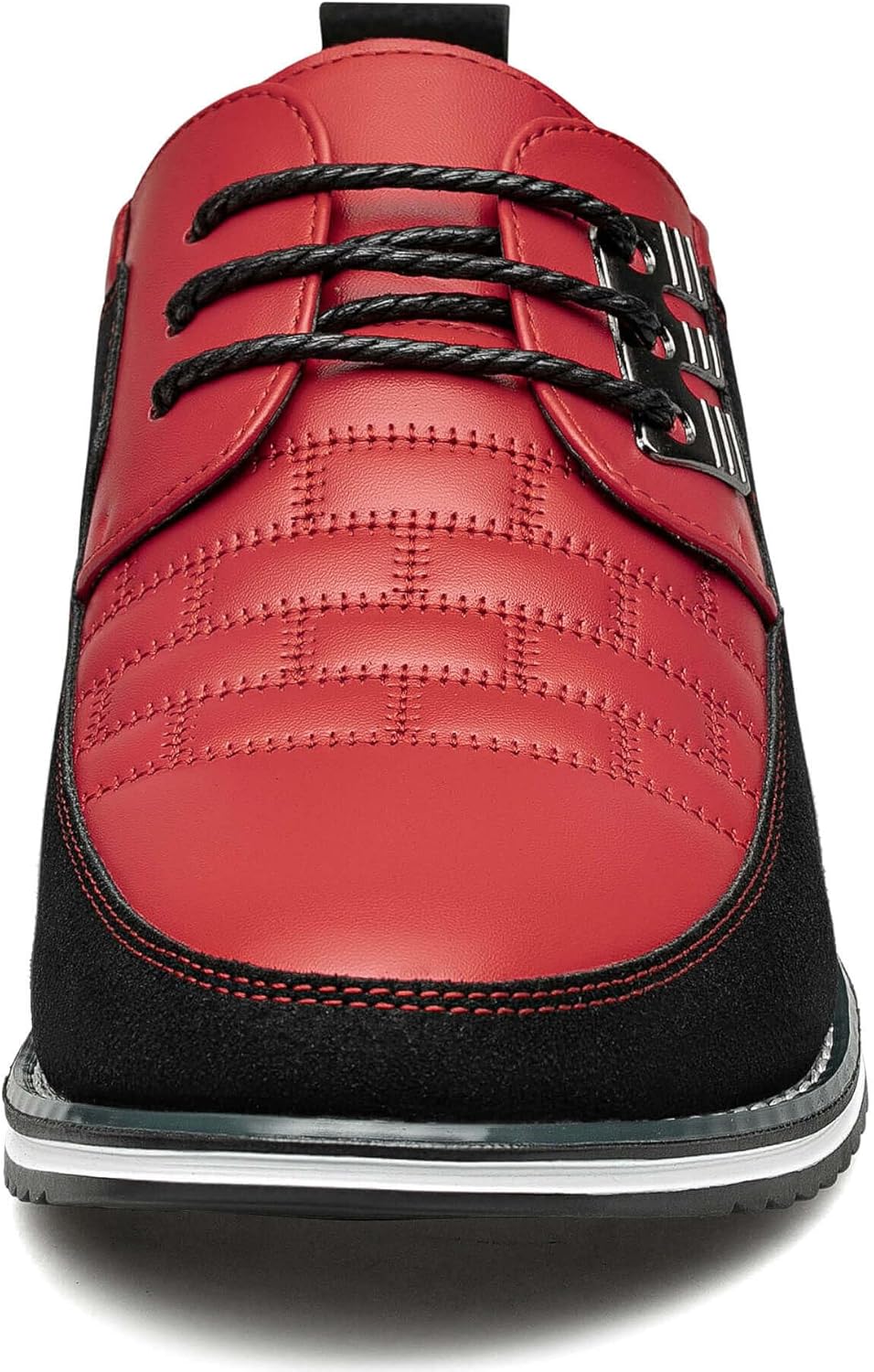 Roter Herrenschuh aus Leder mit schwarzer Sohle und Schnürsenkeln, modisches Design.