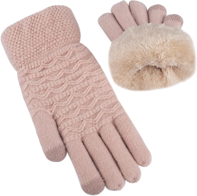 Damen Winterhandschuhe rosa Strick mit Kunstfellfutter, warm und stilvoll.