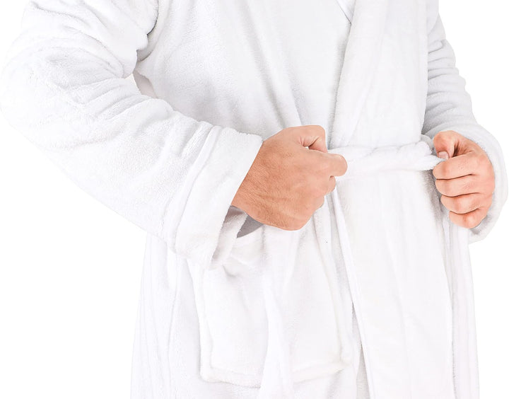 Weißer Bademantel aus Frottee, weiches Material, mit Gürtel, ideal für Herren, Wellness.