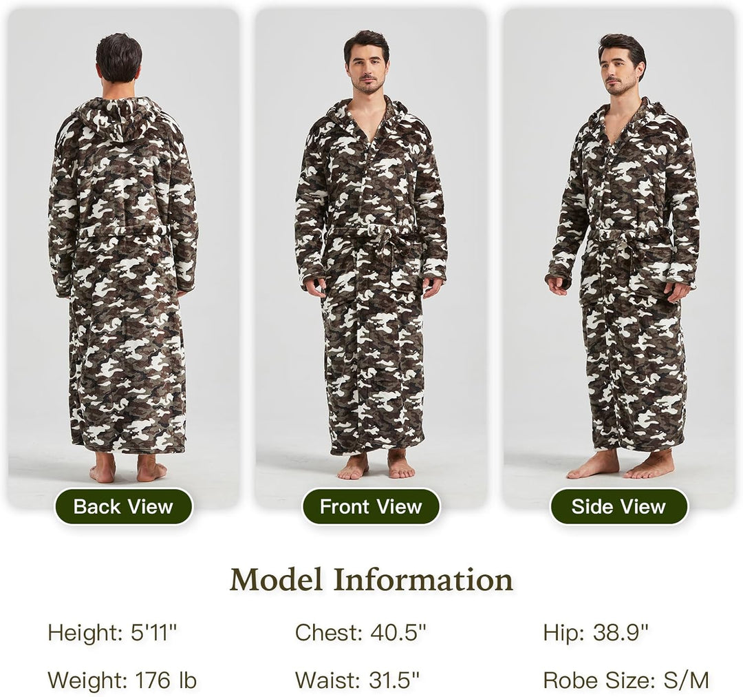 Morgenmantel Herren Camouflage, Fleece, warm, lang, mit Kapuze, S/M, bequem, modisch.