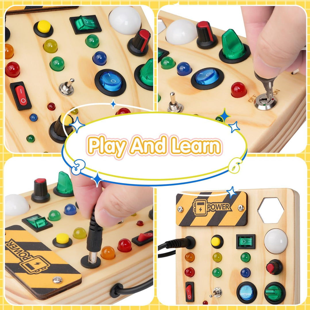 Holz Busyboard für Kinder, Lernspielzeug mit Schaltern und Lichtern, motorische Fähigkeiten fördern.