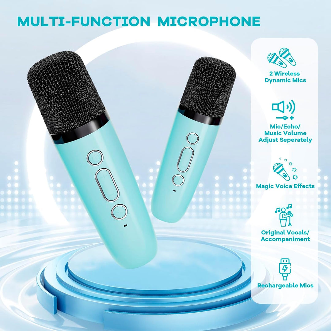 Přenosný mini karaoke přístroj s Bluetooth reproduktorem a 2 bezdrátovými mikrofony – Veylo