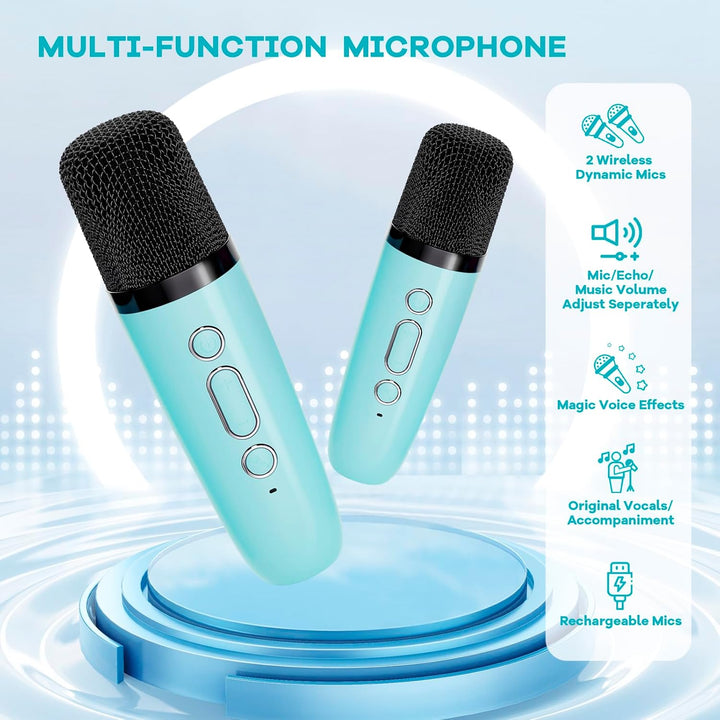 Přenosný mini karaoke přístroj s Bluetooth reproduktorem a 2 bezdrátovými mikrofony – Veylo
